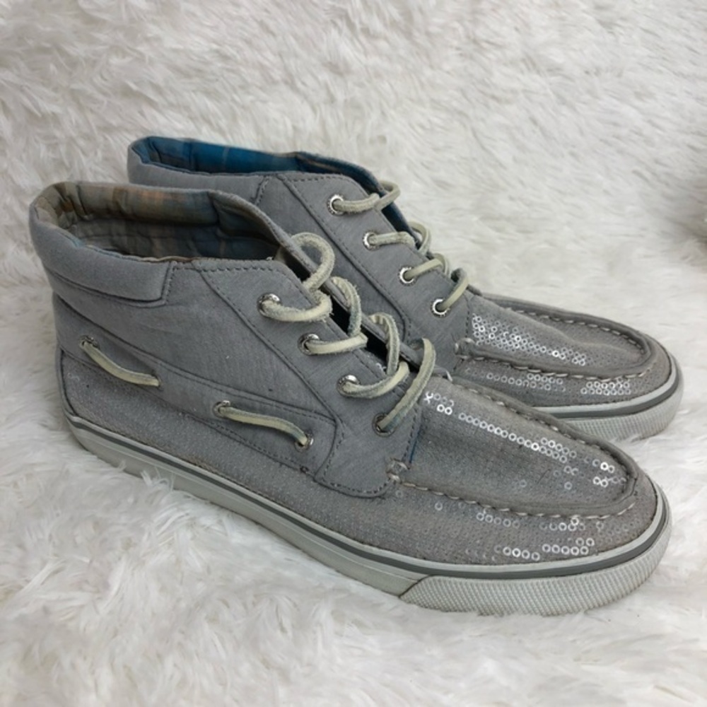 SPERRY High Top Gray/Silver Sequin Shoes. EUC.